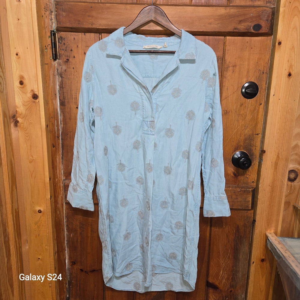 Soft Surroundings Womens Blue Denim Peacock Feather Embroidered Tunic Dress Med - Picture 3 of 4